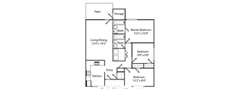 A floor plan of a home with a living room, two bedrooms, a kitchen, a storage area, a patio, and a bathroom.