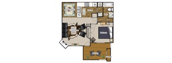 A floor plan of a house with a dining room, kitchen, living room, bedroom, and storage.