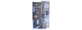 A floor plan of a small apartment with a kitchen, living room, and bathroom.