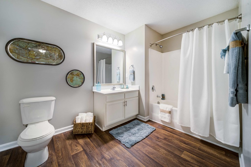 Beautiful Bathroom with Single Sink Vanity, Toilet, and Shower/Tub Combo