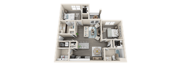 A detailed 3D floor plan of a small apartment layout.