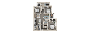 A detailed 3D floor plan of a small apartment layout.