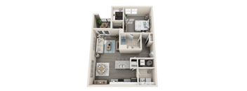 A 3D floor plan of a small apartment with a bedroom, living room, kitchen, and bathroom.