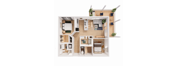 A 3D floor plan of a house with a kitchen, living room, and bathroom.