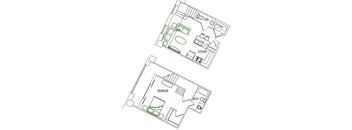 A floor plan of a house with a kitchen, living room and bedroom.