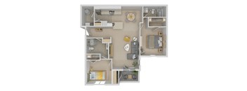 A floor plan of a house with a kitchen, living room, and two bedrooms.