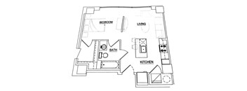 A floor plan of a small apartment with a bedroom, living room, kitchen, and bathroom.