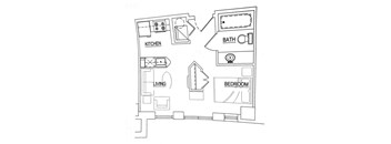A floor plan of a small apartment with a kitchen, living room, and bedroom.