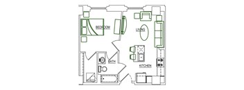 A floor plan of a house with a bedroom, living room, kitchen, and bathroom.