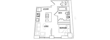A floor plan of a small apartment with a kitchen, living room, and bedroom.