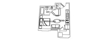 A floor plan of a small apartment with a bath, bedroom/living room, and kitchen.