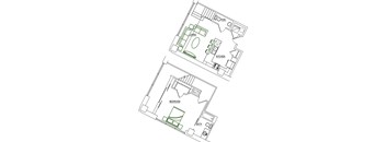 A floor plan of a house with a kitchen, living room, and bathroom.
