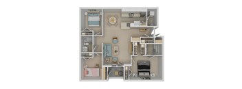 A 3D floor plan of a house showing the layout of the rooms.