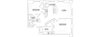 A floor plan of a house with a kitchen, living room, and two bedrooms.