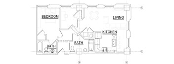 A floor plan of a house with a living room, kitchen, and two bathrooms.
