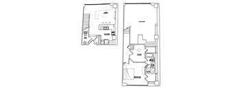 A floor plan of a house with a living room, kitchen, study, and bedroom.