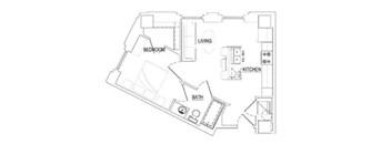 A floor plan of a house with a living room, kitchen, bathroom, and bedroom.