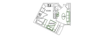 A floor plan of a house with a kitchen, bathroom, and bedroom.