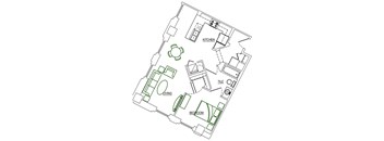 A floor plan of a house with a living room, bedroom, and kitchen.