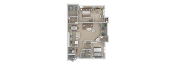 A 3D floor plan of a house with a kitchen, living room, dining room, and bedrooms.