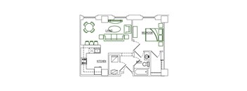 A floor plan of a small apartment with a living room, kitchen, and bedroom.