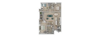 A top-down view of a small apartment layout with a kitchen, living room, and bathroom.