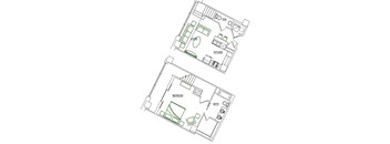 A floor plan of a house with a kitchen, living room and bathroom.