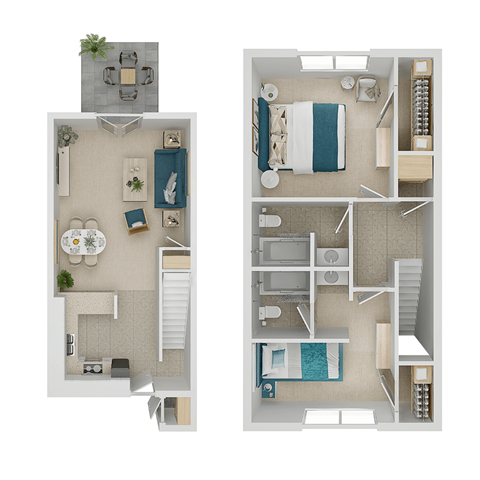 A floor plan of a two-bedroom apartment with a living room, kitchen, and bathroom.