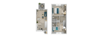 A floor plan of a two-bedroom apartment with a living room, kitchen, and bathroom.