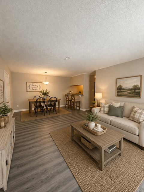 A living room with a couch, coffee table, and chairs.