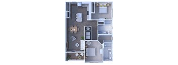 A top-down view of a small apartment with a kitchen, living room, and bathroom.