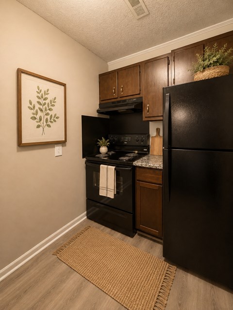 A kitchen with a black refrigerator and a framed picture of a plant on the wall.