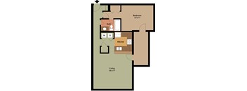 A floor plan of a room with a bedroom, bathroom, kitchen, and living room.