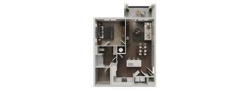 A floor plan of a small apartment with a kitchen, living room, and bathroom.