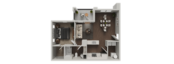 A 3D rendered image of a small apartment layout.