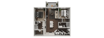 A 3D floor plan of a small apartment with a kitchen, living room, and bathroom.