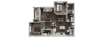 A 3D rendered image of a modern apartment layout.