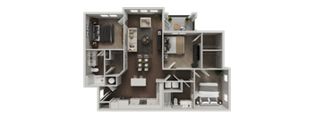 A detailed 3D floor plan of a two-story apartment.