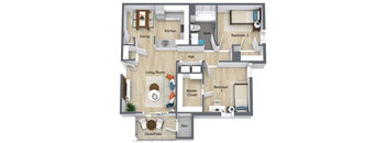 A floor plan of a house with a living room, kitchen, dining room, and two bedrooms.