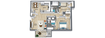 A floor plan of a house with two bedrooms, a living room, a kitchen, a dining room, a hallway, a closet, a deck/patio, and an exterior store.