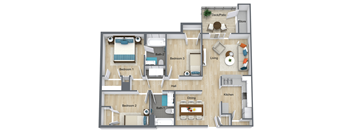 A floor plan of a house with a deck, two bathrooms, two bedrooms, a living room, a dining room, a kitchen, and a storage area.