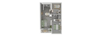 A top down view of a small apartment with a kitchen, living room, and bathroom.