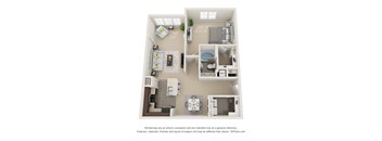 A 3D floor plan of a small apartment with a kitchen, living room, and bathroom.