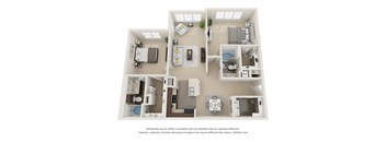 A 3D floor plan of a house with a kitchen, living room, and two bedrooms.