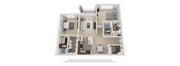 A 3D floor plan of a house with a kitchen, living room, and two bedrooms.