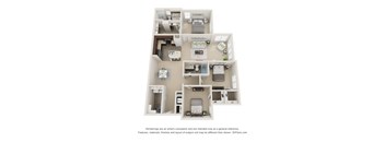 A 3D floor plan of a house with a kitchen, living room, and two bedrooms.