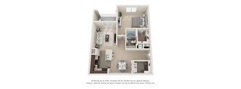 A 3D floor plan of a small apartment with a kitchen, living room, and bathroom.