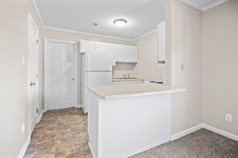 A kitchen with white cabinets and a countertop.