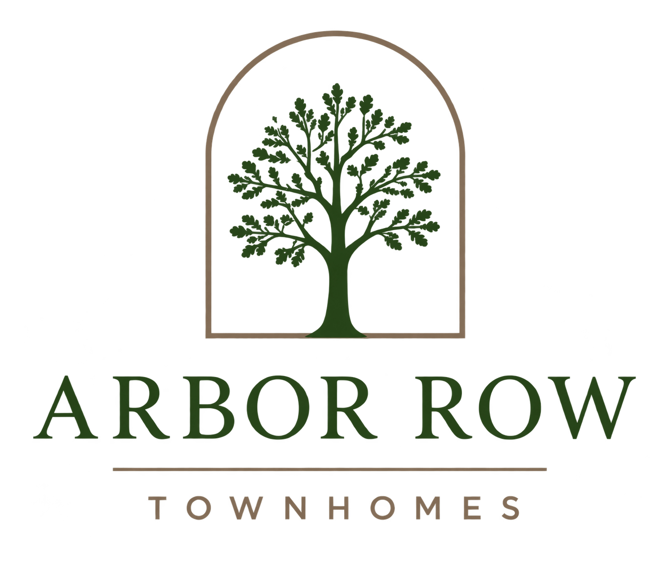 A logo with a tree and the words "Arbor Row Townhomes" written underneath.