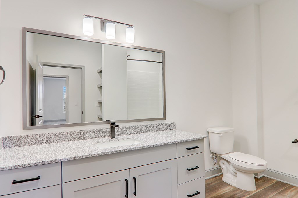 A bathroom with a sink, mirror, and toilet.